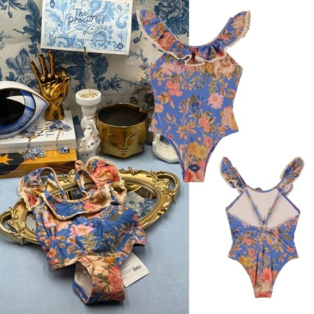 🆕 ZIMMERMANN KIDS 🧿 NWT August Trim Scoop 1PC, Dusty Blue Floral - Sz 1Y